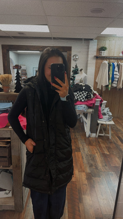 Long black puffer vest