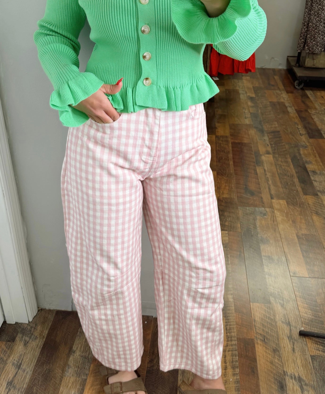 Pink Gingham Barrel Jeans