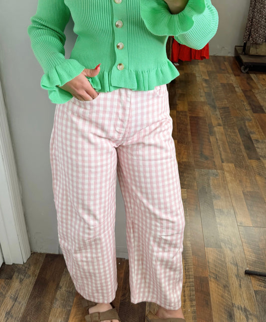 Pink Gingham Barrel Jeans