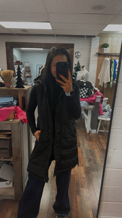 Long black puffer vest