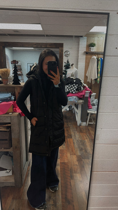 Long black puffer vest