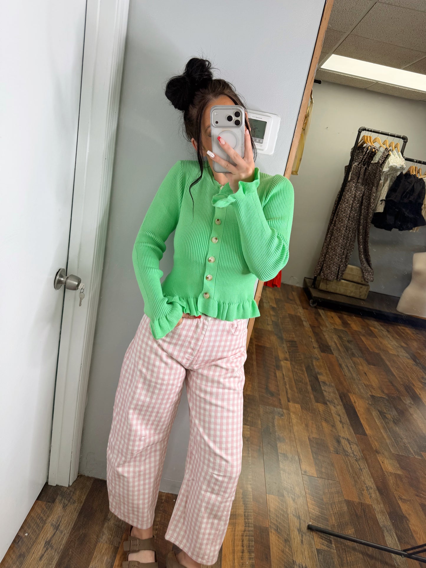 Pink Gingham Barrel Jeans