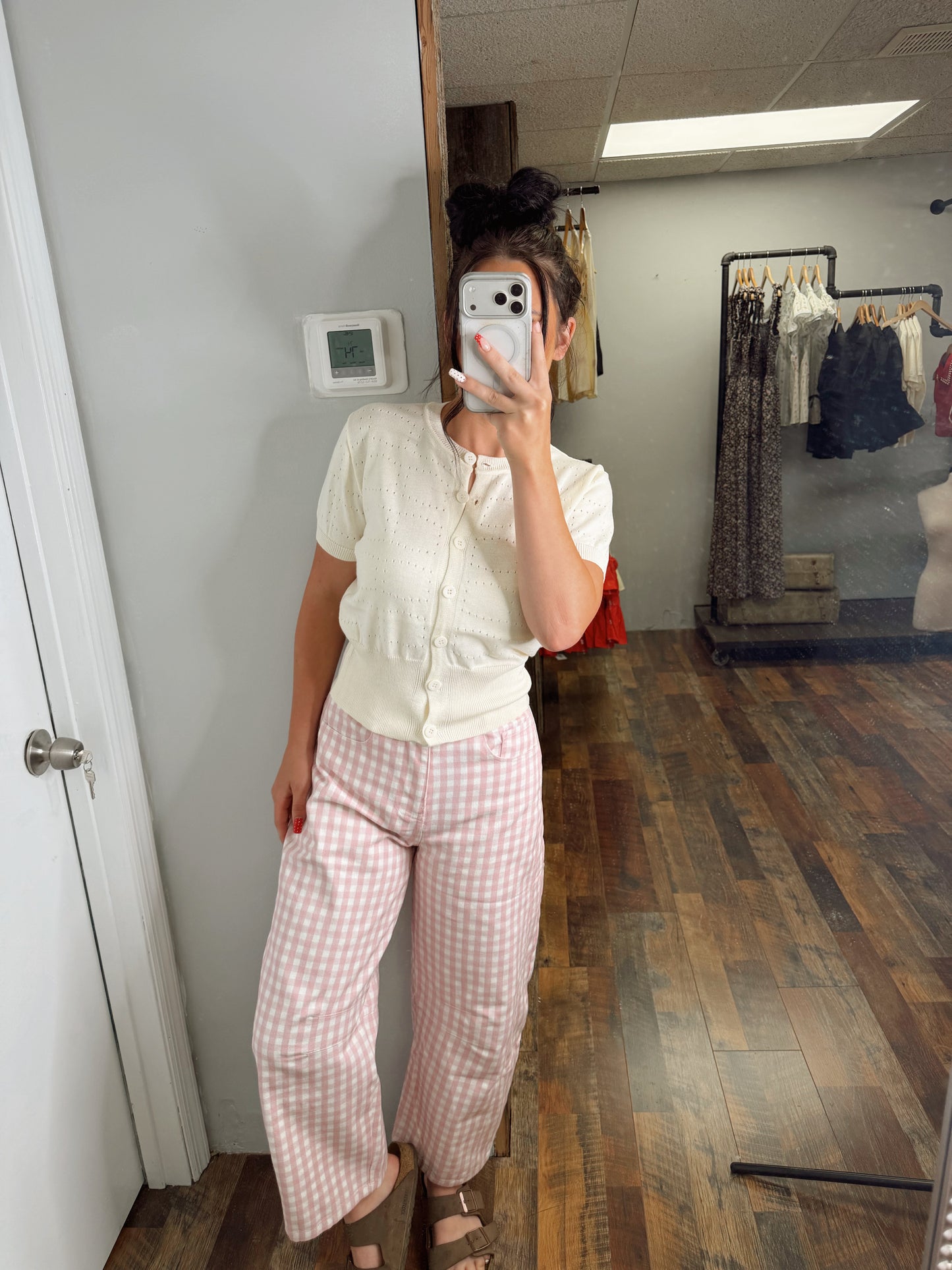 Pink Gingham Barrel Jeans