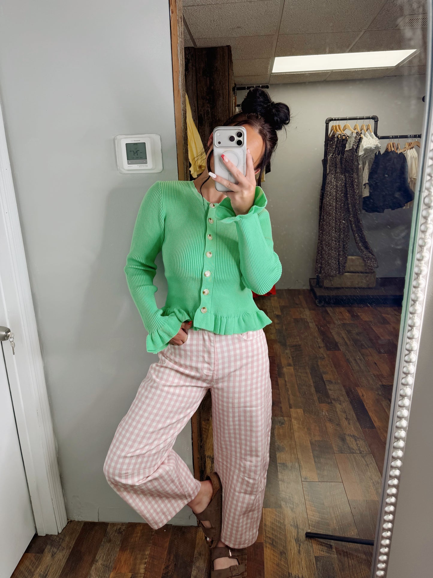Pink Gingham Barrel Jeans